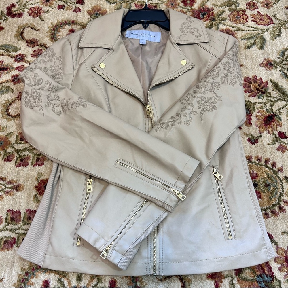 Marc NewYork Tan Vegan Faux Leather Zip Front Floral Embroidered Jacket